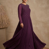Deep Purple Georgette Anarkali Gown With Embroidered Geometric Neckline & Pleated Skirt