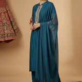 Teal Silk Embroidered Straight Cut Suit With Mandarin Collar