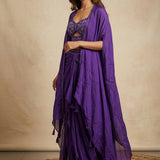 Deep Royal Purple Georgette Lehenga Choli With Embroidered Sweetheart Neckline & Flowing Shawl