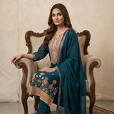 Teal Georgette Embroidered Straight Cut Suit With Floral Border