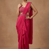 Deep Fuchsia Pink Georgette Drape Saree With Embroidered Geometric Blouse