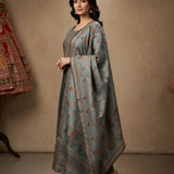 Grey Chanderi Woven Straight Cut Suit With Floral Border Dupatta