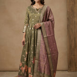 Sage Green Tissue Anarkali Set With Embroidered Round Neckline & Burgundy Printed Dupatta