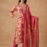 Pink Silk Blend Salwar Set With Floral Design And Embroidered Work