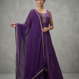 Deep Purple Silk Anarkali Set With All-Over Gold Butti Embroidery & Embroidered Dupatta