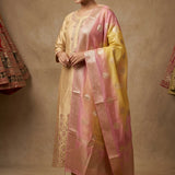 Gold Tissue Woven Straight Cut Suit With Pink Border Dupatta