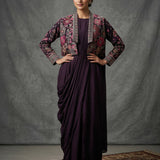 Deep Purple Georgette Anarkali Set With Floral Embroidered Short Jacket & Draped Skirt