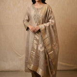 Beige Tissue Woven Straight Cut Suit With Floral Booti Dupatta