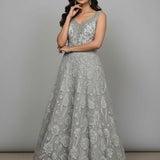 Silver Grey Silk Bridal Gown - Intricate Floral Embroidered All-Over Pattern With V-Neckline