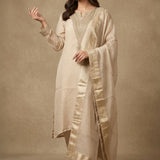 Ivory Beige Organza Embroidered Straight Cut Suit With Gold Border Dupatta