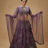 Deep Purple Silk Bridal Lehenga Choli With Keyhole Neckline & Embroidered Leaf Print