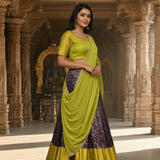 Regal Lime & Purple Silk Lehenga Set - Jaal Pattern With Gold Border & Embroidered Blouse