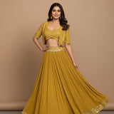 Golden Radiance Embroidered Georgette Lehenga Set - Minimal Design With Pearl Border & Shrug