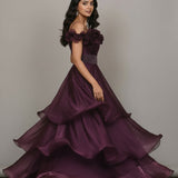 Wine Organza Tiered Bridal Gown With Ruffled Off-Shoulder Neckline