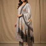 Printed Floral Straight Cut Salwar Suit - Beige & Grey