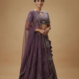 Deep Purple Silk Bridal Lehenga Choli With Keyhole Neckline & Embroidered Leaf Print