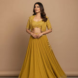 Golden Radiance Embroidered Georgette Lehenga Set - Minimal Design With Pearl Border & Shrug