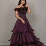 Wine Organza Tiered Bridal Gown With Ruffled Off-Shoulder Neckline