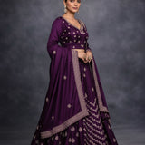 Deep Purple Silk Embroidered Lehenga Set With Embroidered Dupatta