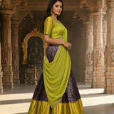 Regal Lime & Purple Silk Lehenga Set - Jaal Pattern With Gold Border & Embroidered Blouse