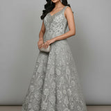 Silver Grey Silk Bridal Gown - Intricate Floral Embroidered All-Over Pattern With V-Neckline