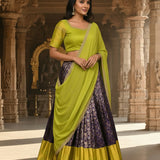 Regal Lime & Purple Silk Lehenga Set - Jaal Pattern With Gold Border & Embroidered Blouse