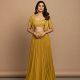 Golden Radiance Embroidered Georgette Lehenga Set - Minimal Design With Pearl Border & Shrug