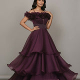 Wine Organza Tiered Bridal Gown With Ruffled Off-Shoulder Neckline