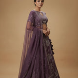 Deep Purple Silk Bridal Lehenga Choli With Keyhole Neckline & Embroidered Leaf Print