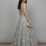 Silver Grey Silk Bridal Gown - Intricate Floral Embroidered All-Over Pattern With V-Neckline