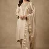 Ivory Beige Organza Embroidered Straight Cut Suit With Gold Border Dupatta