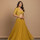 Golden Radiance Embroidered Georgette Lehenga Set - Minimal Design With Pearl Border & Shrug