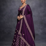 Deep Purple Silk Embroidered Lehenga Set With Embroidered Dupatta