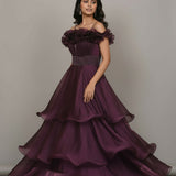Wine Organza Tiered Bridal Gown With Ruffled Off-Shoulder Neckline