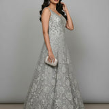 Silver Grey Silk Bridal Gown - Intricate Floral Embroidered All-Over Pattern With V-Neckline