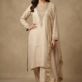 Ivory Beige Organza Embroidered Straight Cut Suit With Gold Border Dupatta