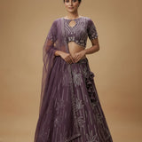 Deep Purple Silk Bridal Lehenga Choli With Keyhole Neckline & Embroidered Leaf Print