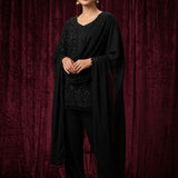 Jet Black Sequinned Georgette Palazzo Set With Beaded Tassel Dupatta
