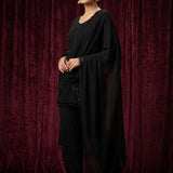 Jet Black Sequinned Georgette Palazzo Set With Beaded Tassel Dupatta