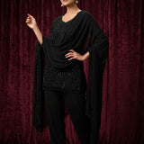 Jet Black Sequinned Georgette Palazzo Set With Beaded Tassel Dupatta
