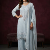 Hand-Embroidered Chikankari Palazzo Set - Baby Blue