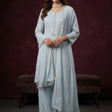 Hand-Embroidered Chikankari Palazzo Set - Baby Blue