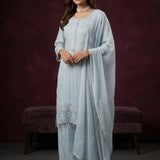 Hand-Embroidered Chikankari Palazzo Set - Baby Blue
