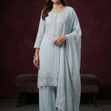 Hand-Embroidered Chikankari Palazzo Set - Baby Blue