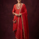 Bright Red Cotton Straight Kurti With Embroidered V-Neckline & Gold Woven Dupatta