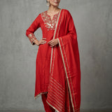 Bright Red Cotton Straight Kurti With Beaded V-Neckline & Gold Striped Dupatta