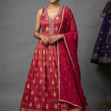 Deep Red Tissue Anarkali Set With Gold Butti & Embroidered Border