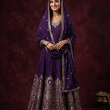 Deep Purple Silk Banarasi Anarkali Set With Woven Dupatta