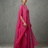 Bright Pink Georgette Indo Western Gown With Embroidered Shawl Cape
