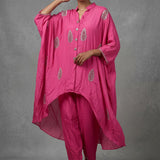 Bright Fuchsia Pink Cotton Indo Western Tunic With All-Over Gold Embroidered Feather Motif